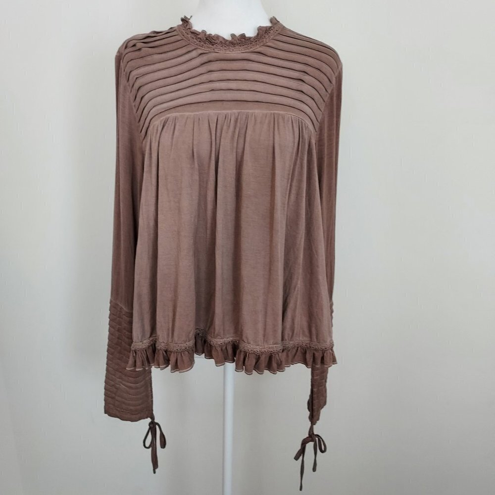 POL Pleated Ruffle Long Sleeve Boho Style Blouse